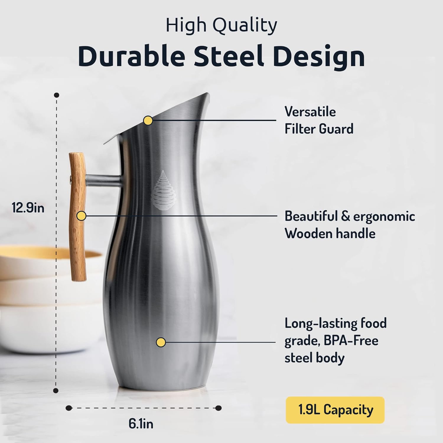 Invigorated Living Stainless Steel Water Pitcher with Lid, Ice Guard, Wooden Handle, Ideal for Cold and Fruit Infused Water (1.9L, No Filter)