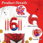 13 Pcs Spider Themed Birthday Candle Set Red Spider Theme Number 6 Candle Cake Topper for Boys Girls Birthday Decoration Spider Party Decoration Supplies (Number 6)