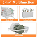 Dish Drying Rack - 304 Stainless Steel Dish Rack for Kitchen Counter, Adjustable Spout Auto-Draining Dish Rack, 2-Tier Kitchen Organizers and Storage Rack with Drainboard and Cutlery Holder White
