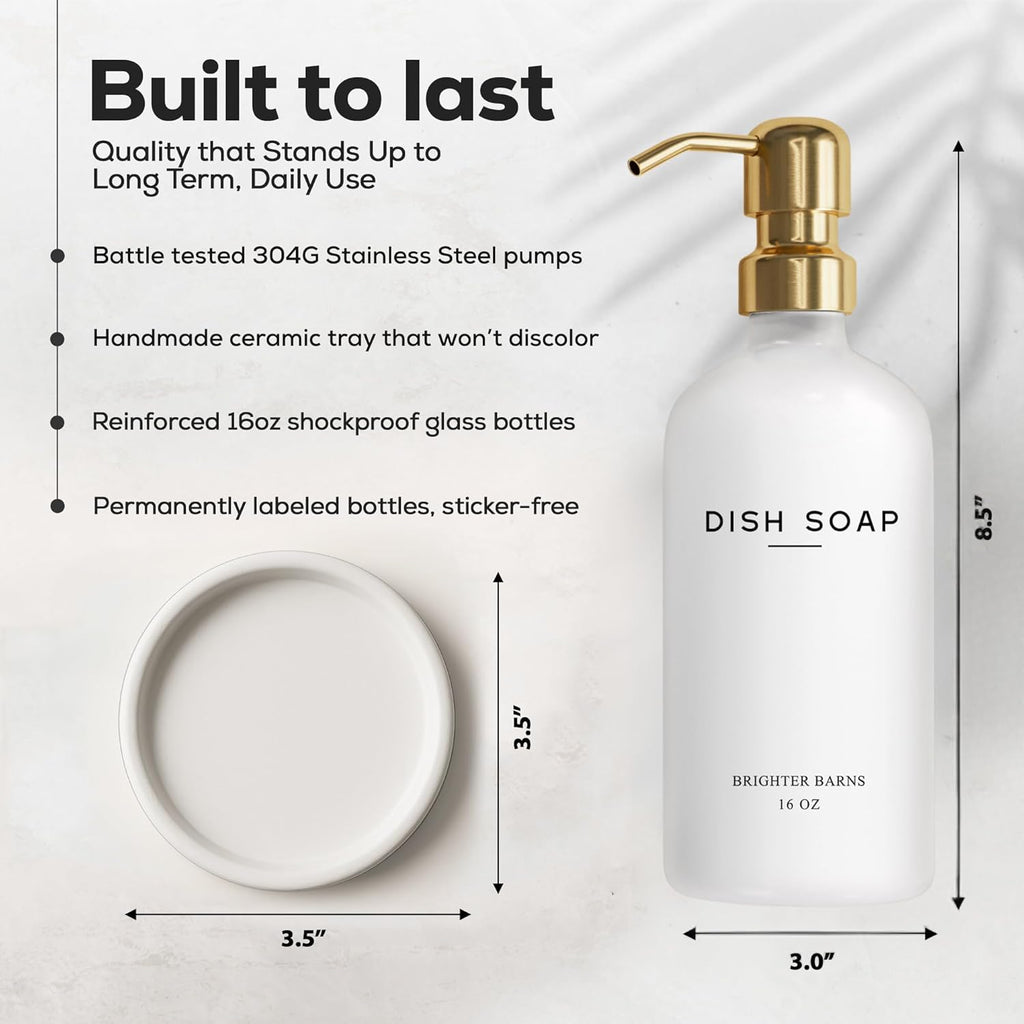 Luxury Glass Dish Soap Dispenser for Kitchen Sink by Brighter Barns - Modern Kitchen Soap Dispenser Set - Refillable Glass Pump Bottle and Tray - White and Gold Home Decor and Accessories, Gift (Gold)
