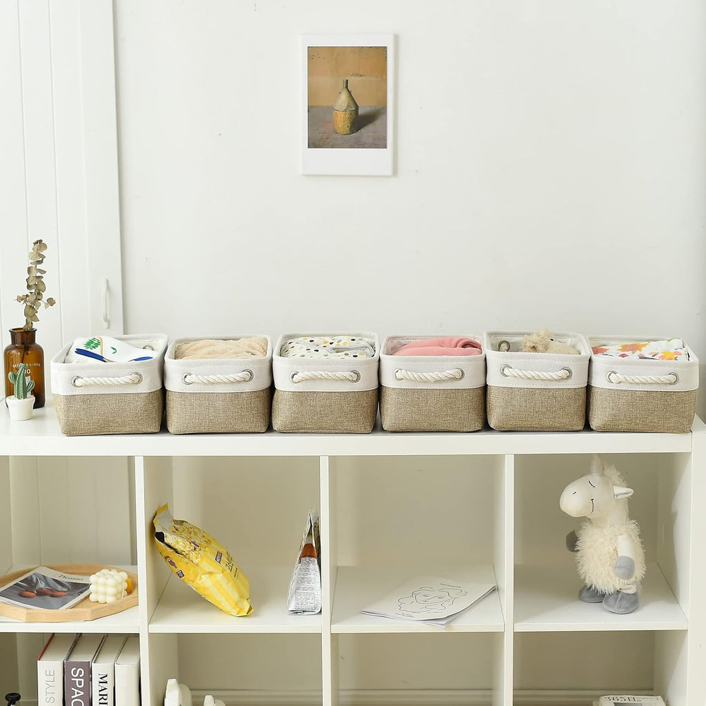TcaFmac Storage Bins for Shelves - Small 6 Pack Collapsible Storage Basket for Organizing, Fabric Storage Cubes with Handle for Closet Cloth Toy Gift Kids (White & Khaki 11.8x7.8x5.2 inch)