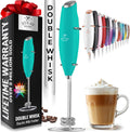 Zulay Kitchen Powerful Double Whisk Milk Frother Handheld - Foam Maker With Stand - Whisk Drink Mixer for Coffee, Mini Foamer for Latte, Matcha, Frappe, Hot Chocolate & Cappuccino (Caribbean Aqua)