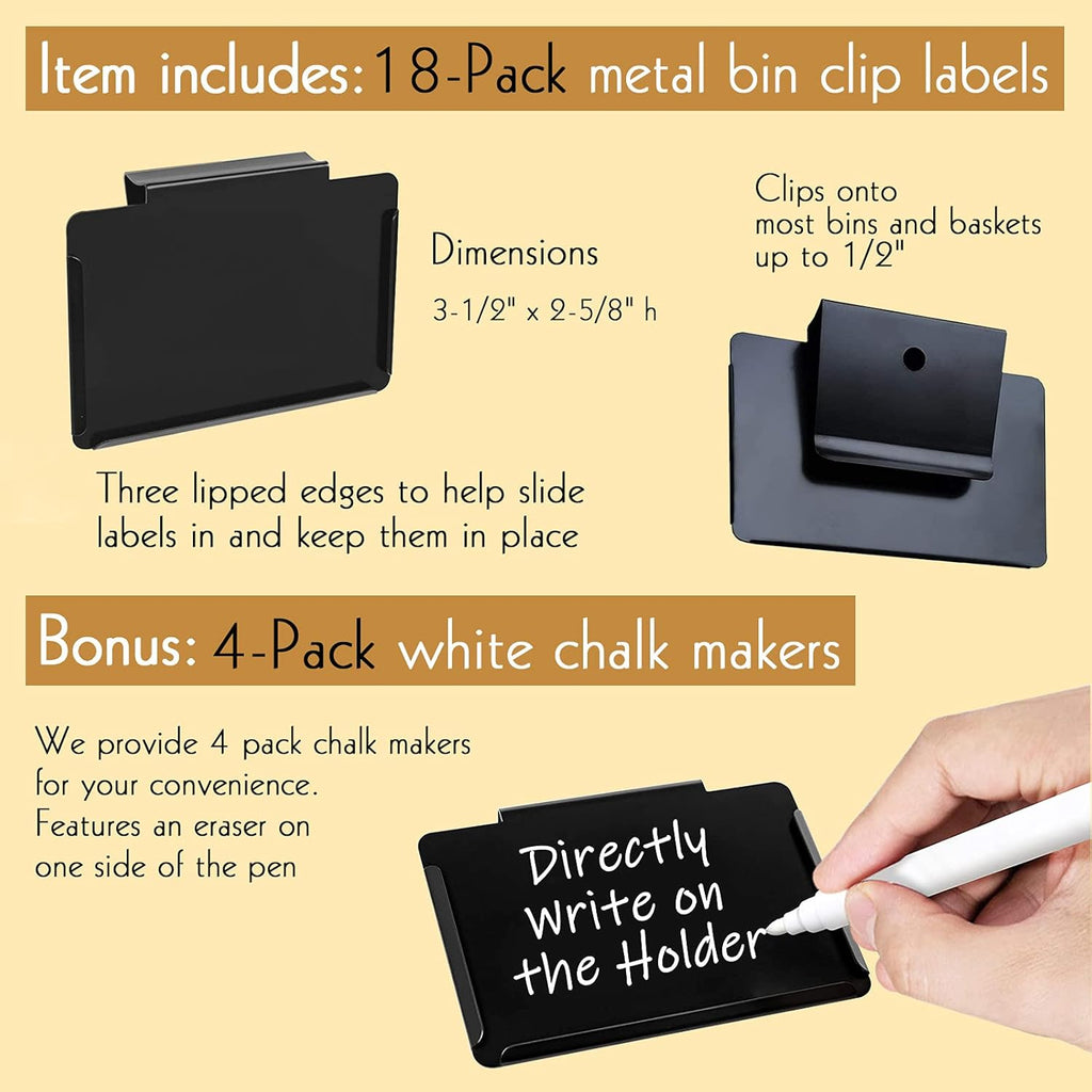 18 Pack Metal Pantry Baskets with Clips, Labels and 4 White Chalk Markers - Organization and Storage for Kitchen Bins