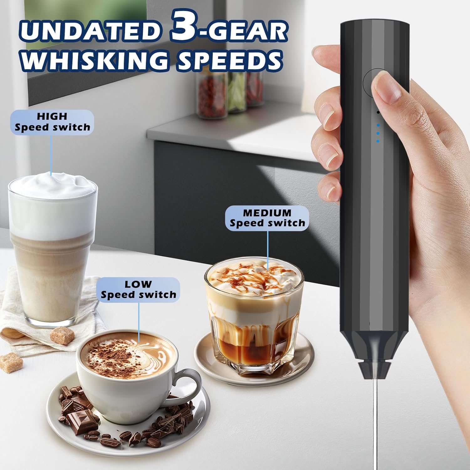Milk Frother-Handheld Electric Whisk for Coffee, Latte, Matcha, and Hot Chocolate (Plastic body-Built in 1200mAh lithium battery, USB rechargeable) Drink Mixer Handheld, Lightweight & Portable