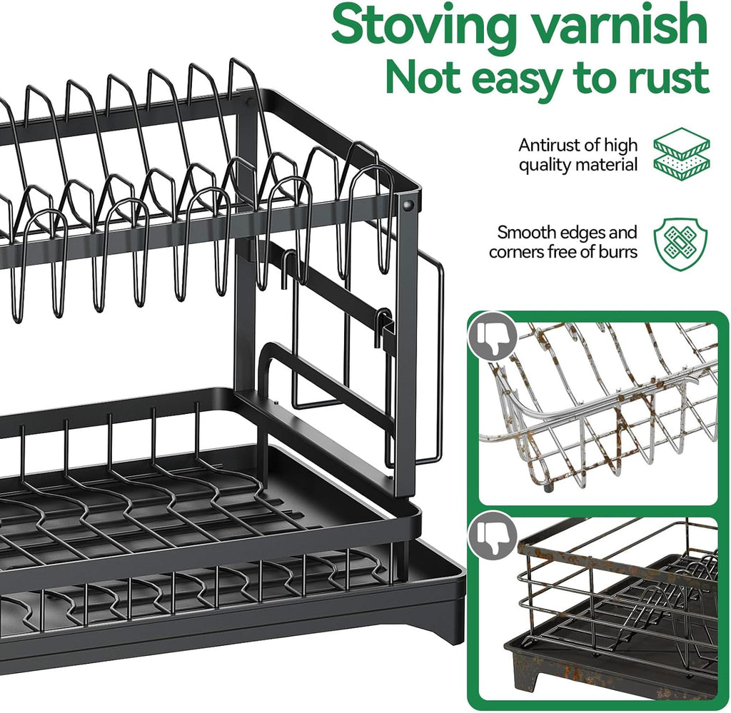 2-Tier Dish Drying Rack with Drainboard, Sink & Countertop Metal Dish Rack Organizer, Dish Drainers for Kitchen Counter, Black