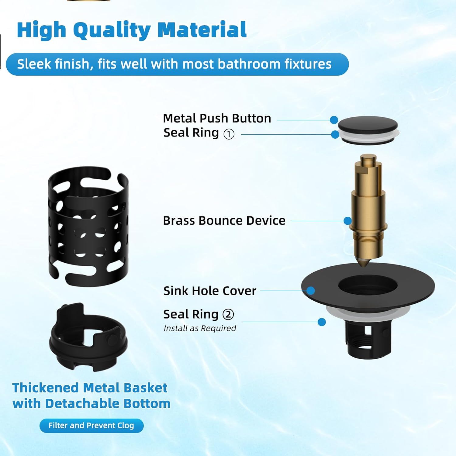 Universal Bathroom Sink Stopper Hair Catcher Upgraded with 2-Layer Detachable Filter Basket, 4 in 1 Pop Up Drain Strainer, Anti-Clog, Odor-Block, Universal Fit for 1.1''~2.36'' Sinks, Matteblack