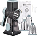 Rotary Cheese Grater Hand Crank Cheese Shredder Vegetable Mandoline Slicer for Kitchen 3 in 1 Changeable Blades for Cheese Potato Nuts Chocolate Ice(GreyBlue)