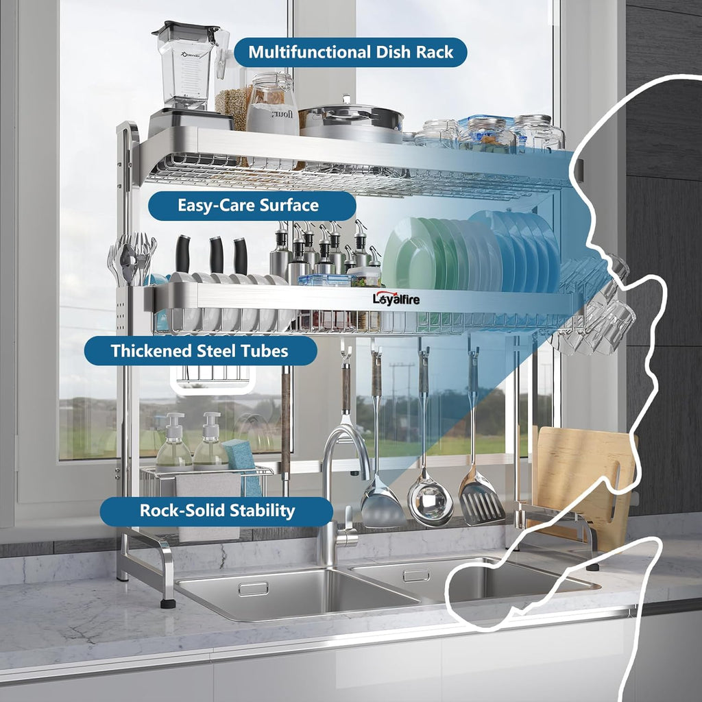 Over Sink Dish Drying Rack, 3 Tier Adjustable Length (20.87'' to 37.6'') Full Stainless Steel Large Storage Kitchen Dish Rack, Expandable Drainer Shelf Rack with Multifunctional Organizers