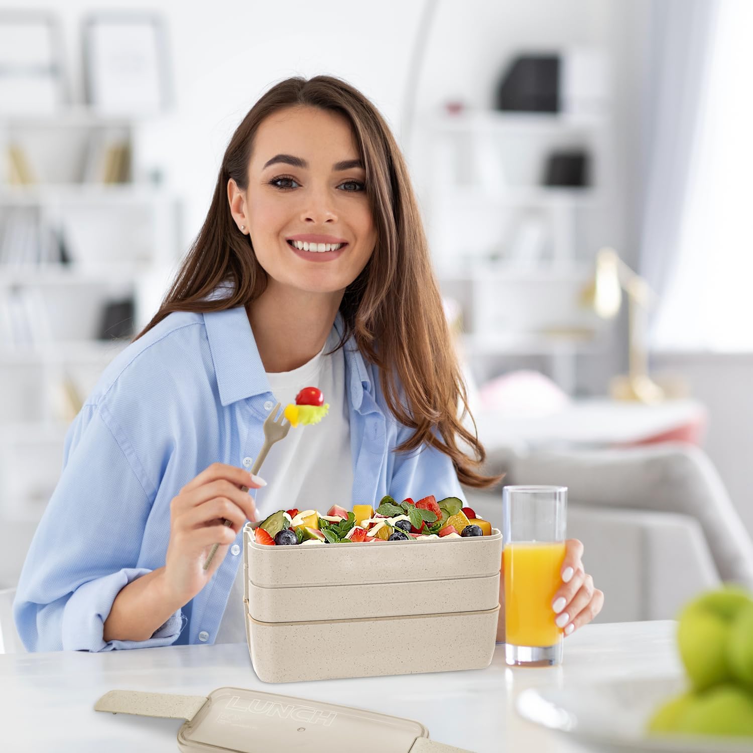 Bento Box Adult Lunch Box, Stackable 3-In-1 Compartment Bento Containers Kit with Spoon&Fork, Wheat Straw Meal Prep Containers Beige