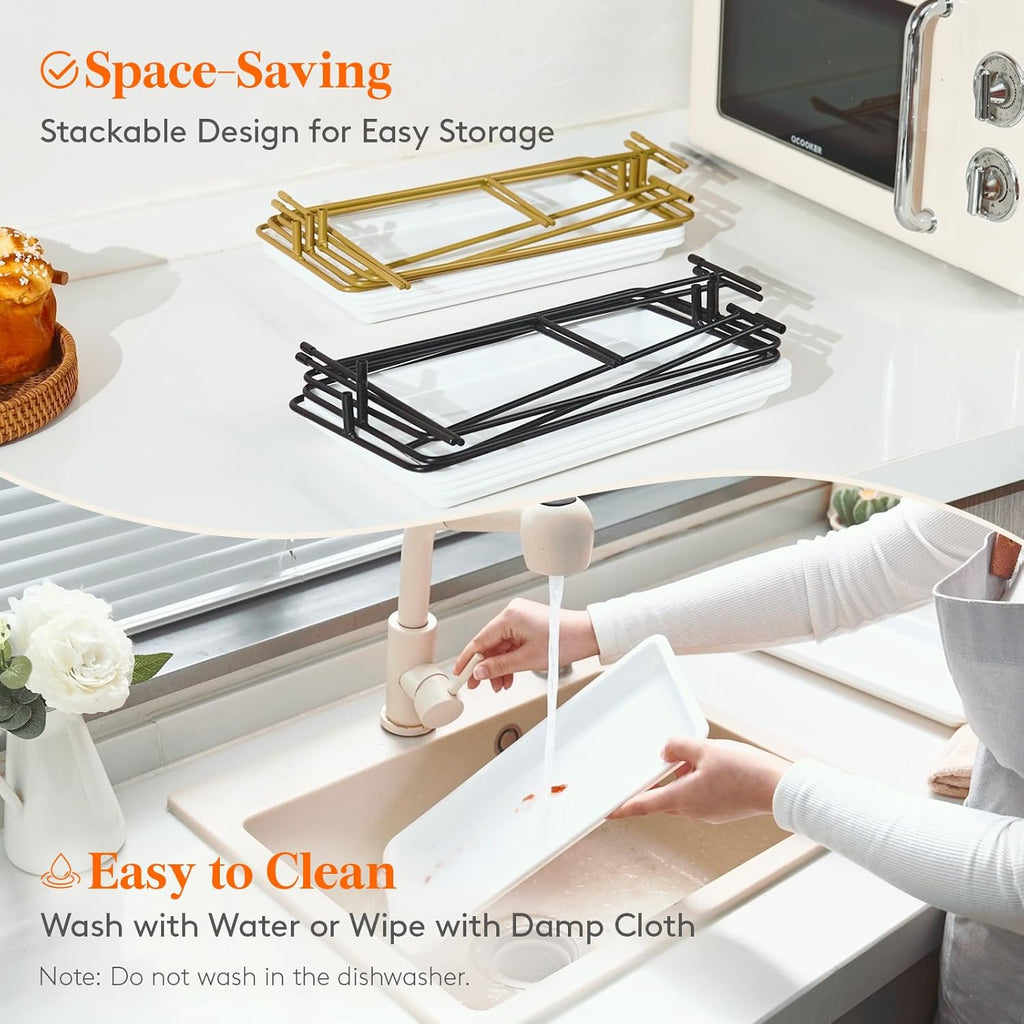 Lifewit Plastic 3 Tier Serving Tray for Party Supplies, 14" x 6.5" Crack-Proof Platters for Serving Food, White Reusable Trays with Yellow Metal Display Stand for Veggie, Fruit, Cookies, Dessert
