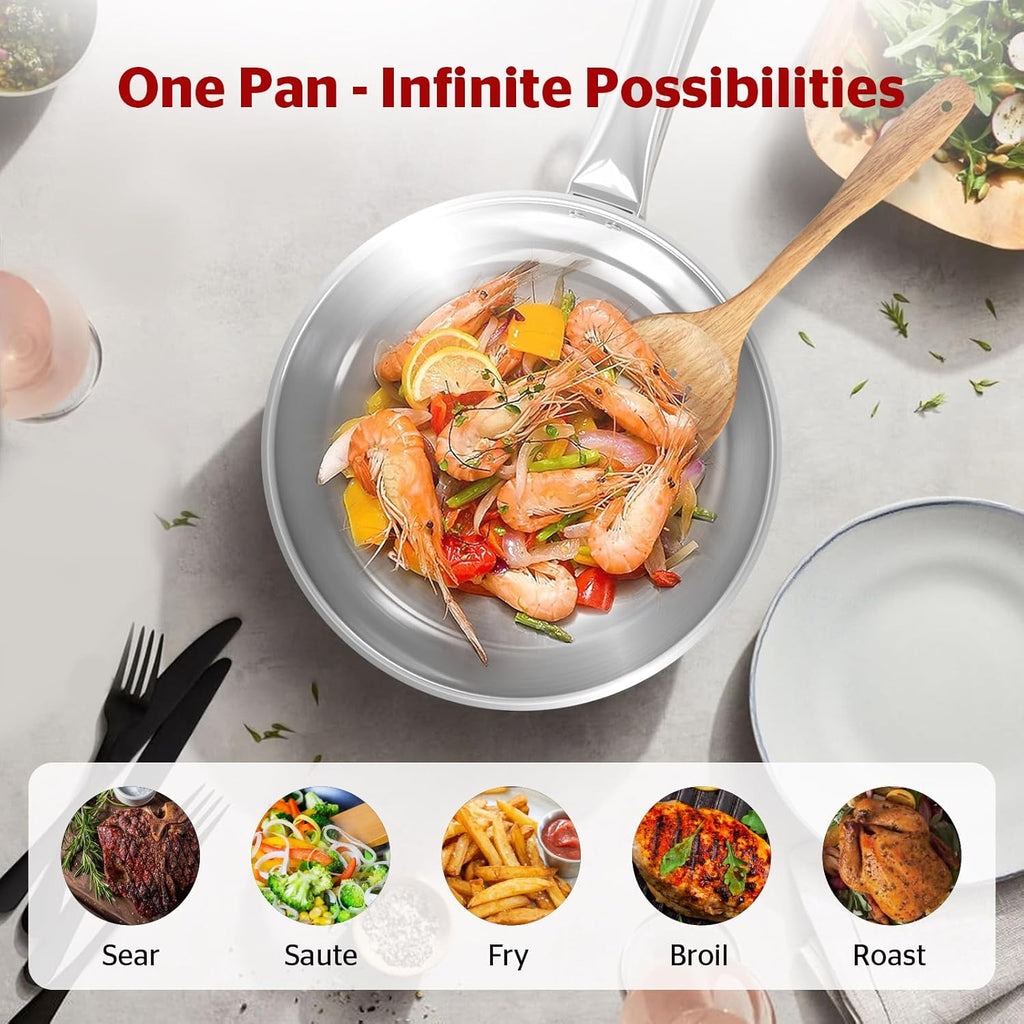 Sunhouse 18/10 9 Inch Stainless Steel Frying Pan, Whole-Clad No Coatings Skillet with Stay-cool Handle for Cooking, Durable & Oven Safe to 500°F, Dishwasher Safe, Compatible with All Cooktops