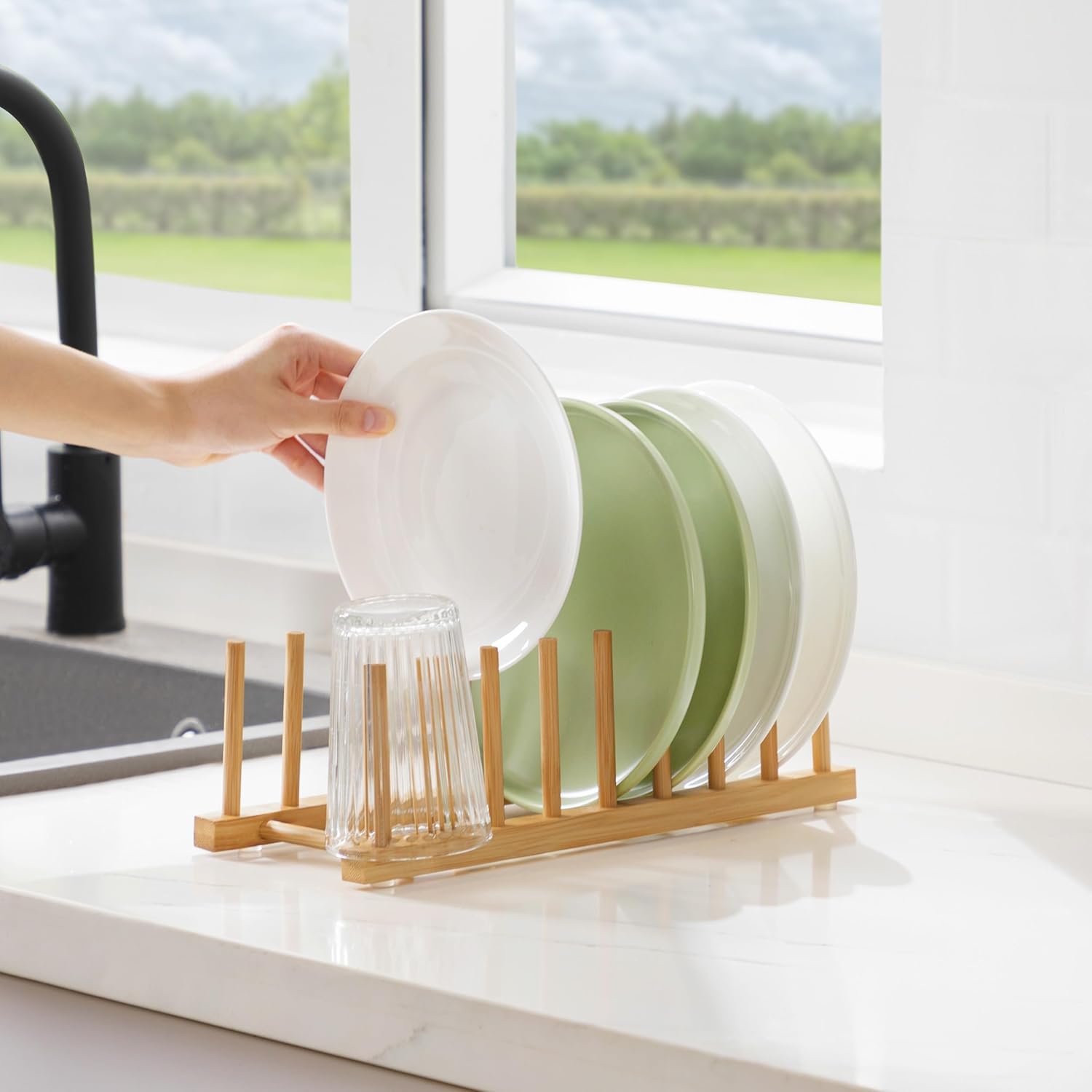 Bamboo Dish Drying Rack for Kitchen Counter and Cabinet, Dish/Book/Plate/Bowl/Cup/Cutting Board/Pot Lid Organizer for Kitchen, Living Room, Study, Display Cabinet (8 Slots)