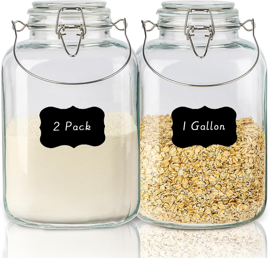1 Gallon Airtight Glass Food Storage Jars Set of 2 with Lids, Extra Large Glass Storage Containers with Handle for Flour, Cereal, Coffee and Canning, Square Mason Jars with 8 Chalkboard Labels