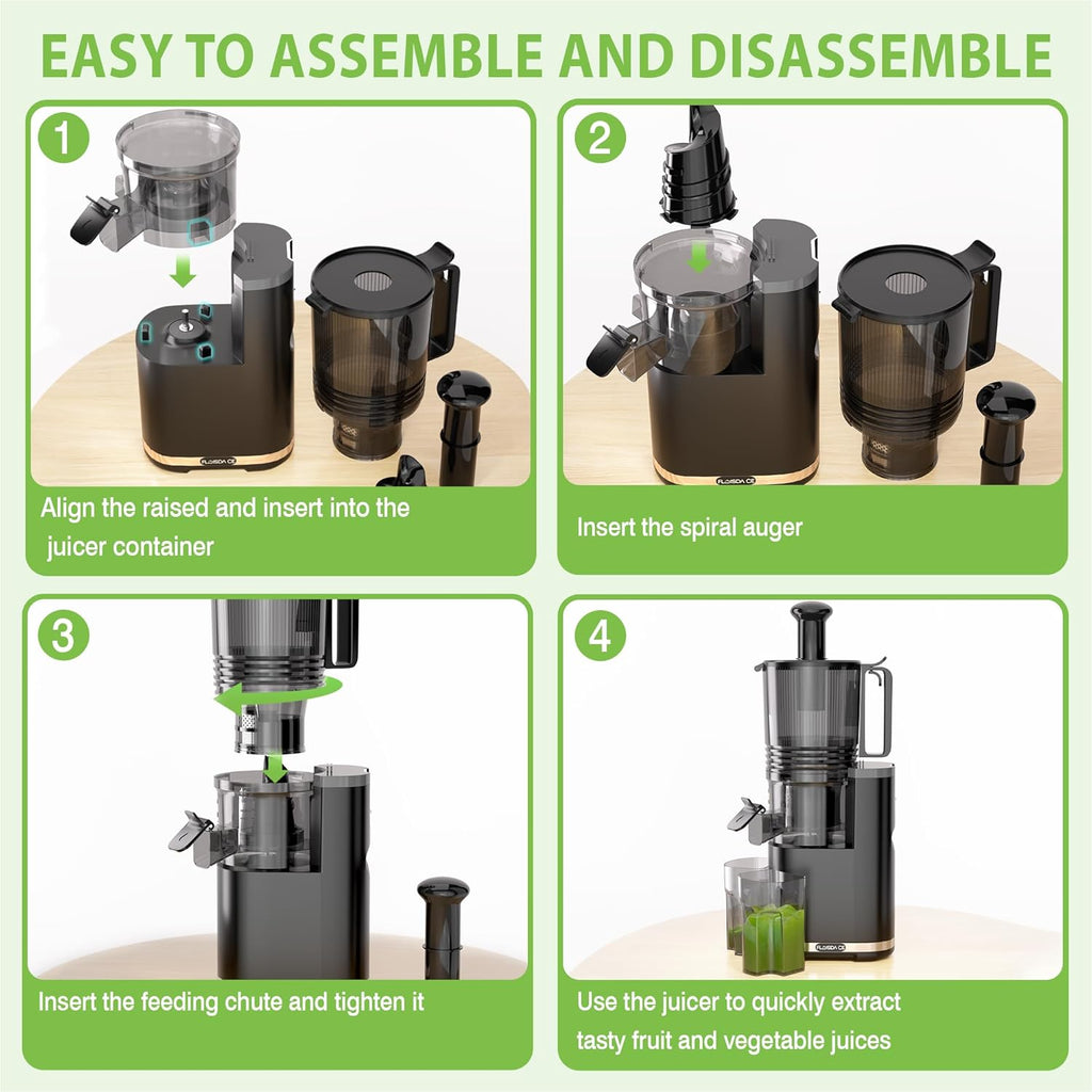 Cold Press Juicer, Masticating Slow Juicers, 6.5" Extra Large Feed Chute Juicers Machines, 350W Juicer Machines with High Juice Yield for Whole Vegetables & Fruits, BPA Free, Black, Easy to Clean