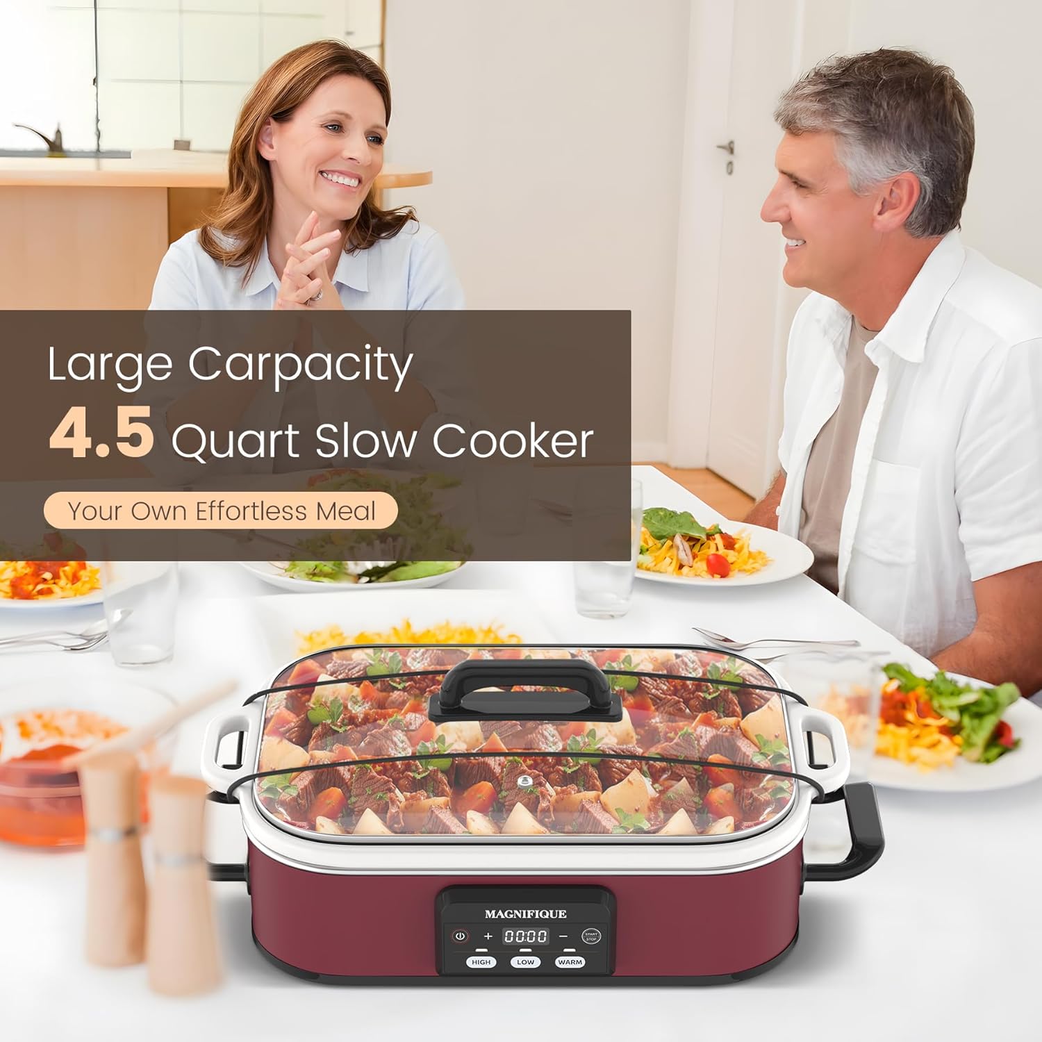 4 Quart Casserole Programmable Slow Cooker with Ceramic Baking Dish - Perfect Kitchen Small Appliance for Family Dinners, Oven Safe and Durable Bakeware for Lasagna, Roasts (Red)