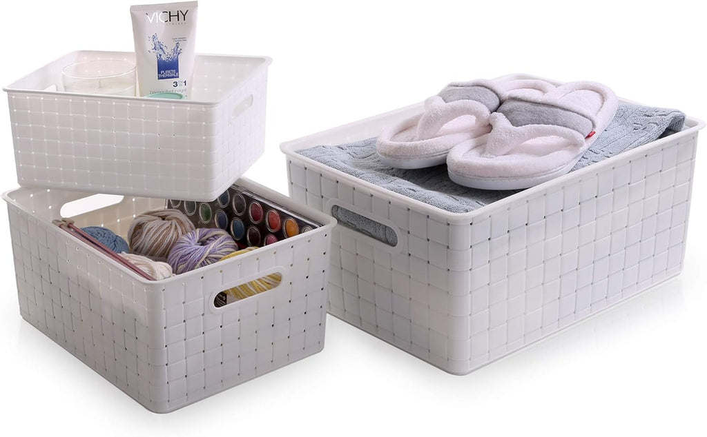 BINO Plastic Basket, Medium - White, 4 Pack, THE STABLE COLLECTION, Multi-Use Storage Basket, Rectangular Cabinet Organizer, Baskets for Organizing with Handles, Home & Office Storage Organizer