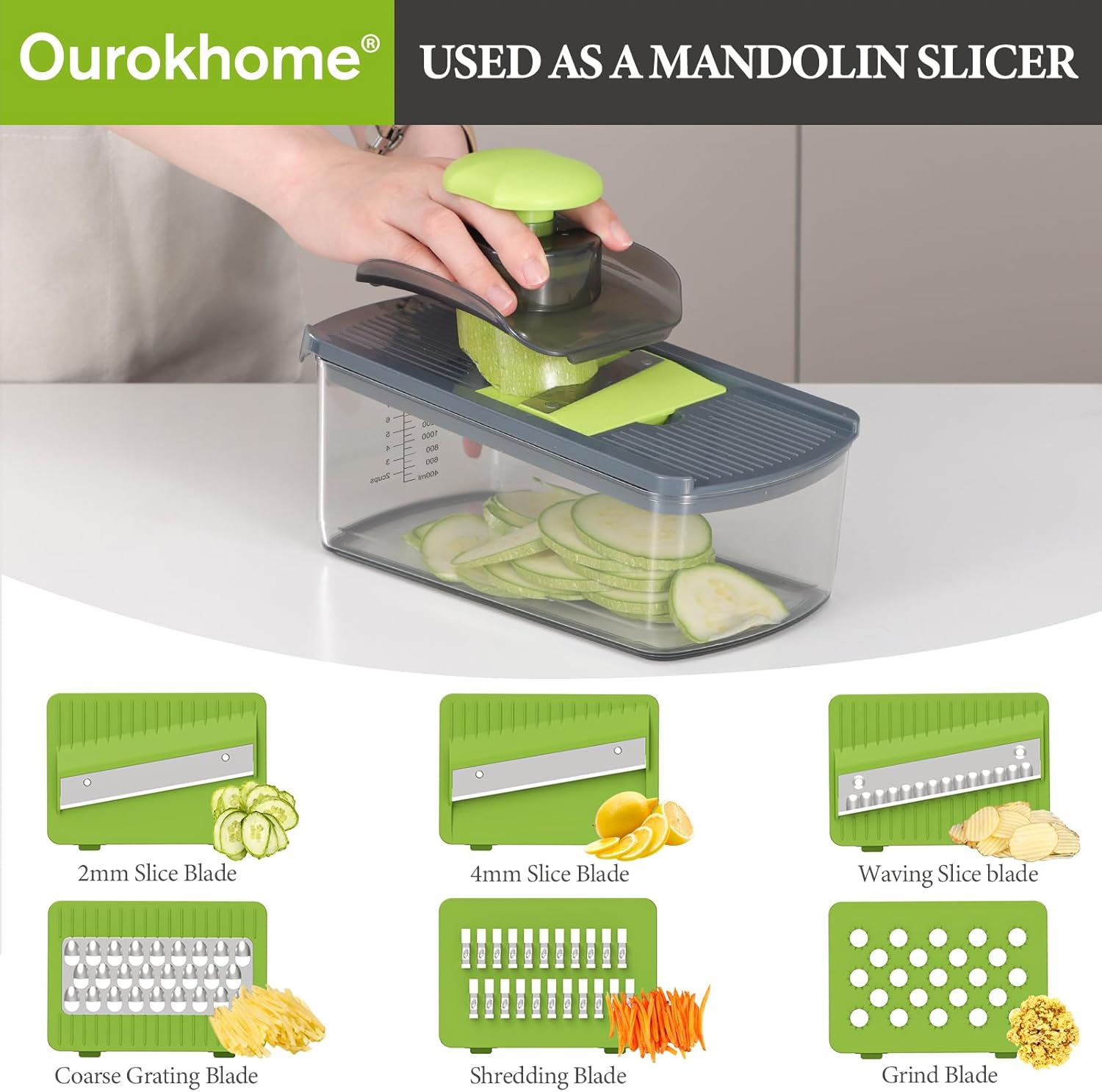 Ourokhome Veggie Chopper and Dicer with Container, Manual Hand Food Mandolin Slicer with 4 in 1 Handheld Vegetable Spiralizer for Zucchini, Potato, Onion, Essential Kitchen Gadgets (12 in 1, Gray)