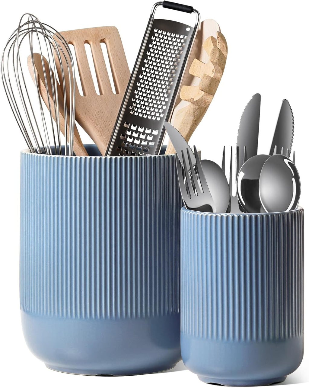 LE TAUCI Utensil Holder, 7.3"+5.4" Ceramic Kitchen Utensil Holder for Countertop, Large Cooking Utensil Crocks for Kitchen Counter, Modern Utensil Organizer for Spatula, Set of 2, Dusty Blue