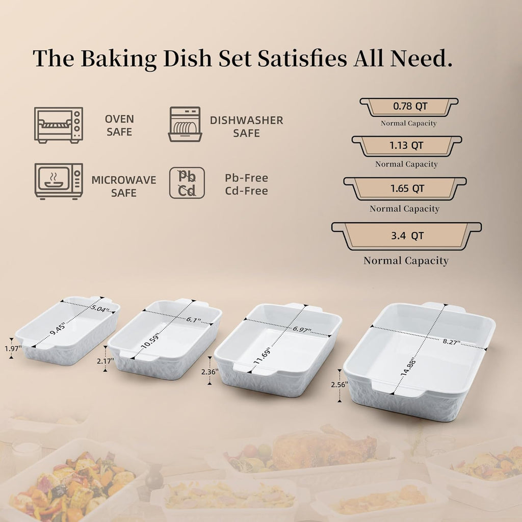 Casserole Dishes for Oven, Baking Dishes, Ceramic Bakeware Sets of 4, Rectangular Baking Pan Set with Handles for Baking, Casserole, Kitchen, Wedding Gift,White