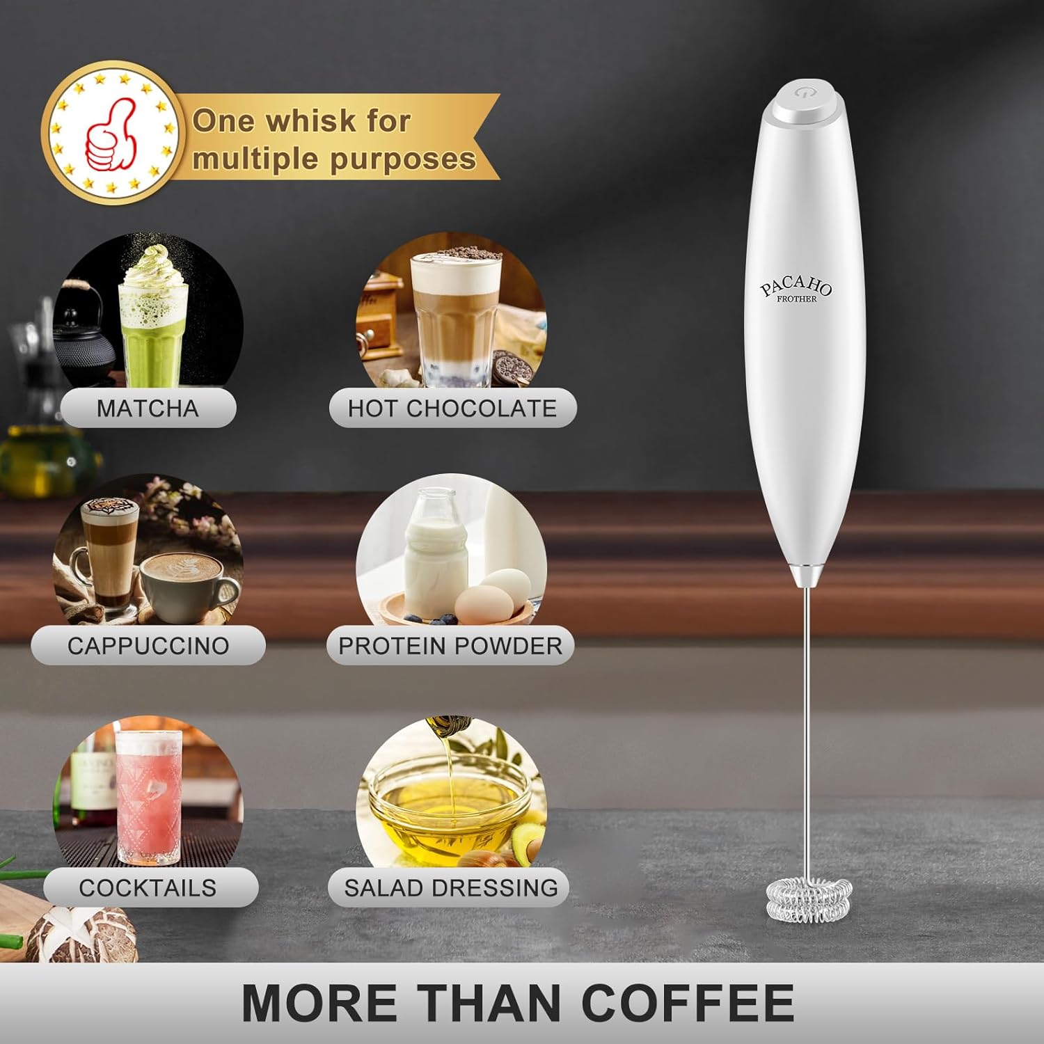 Powerful Milk Frother with Stand with Double Whisk, Handheld Electric Foam Maker, Hand Mixer Wand, Portable Mini Blender Foamer Stirrer for Coffee Creamer, Latte, Matcha,Hot Chocolate, Silver