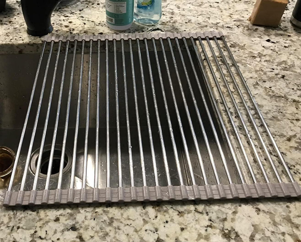 Ahyuan Roll up Dish Drying Rack Over The Sink Kitchen Roll up Sink Drying Rack Portable Dish Drainer Foldable Dish Drying Rack (Warm Gray, 17.8''X17'')