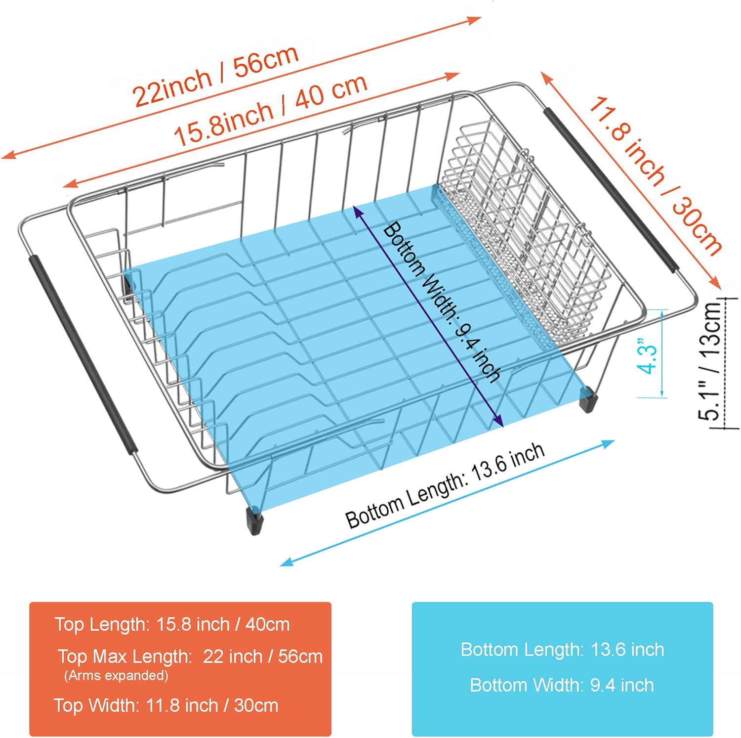 iPEGTOP Expandable Dish Drying Rack in Sink or Over Sink, Rustproof Stainless Steel Dish Drying Rack Basket Shelf, Multifunctional Dish Drainer Inside Sink Organizer with Utensil Cutlery Holder