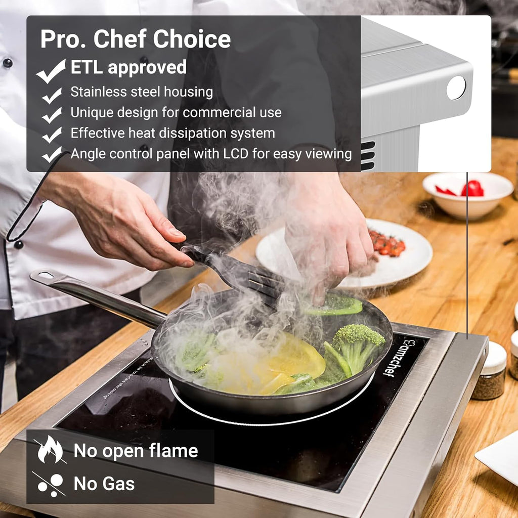 AMZCHEF Induction Cooktop Commercial, Professional Portable Burner, 1800W Countertop Stove Burner with ETL-Certified Induction Hot Plate 3 Hours Timer,8 Temperature & Power Levels,LCD Screen