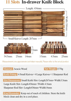 XINZUO In-drawer Knife Block, Natural Acacia Knife Drawer Oganizer, Insert-Kitchen Storage Holder, 11 Slots, Holds up to 11 Various Size Knives, Countertop Saving&Knife Protective