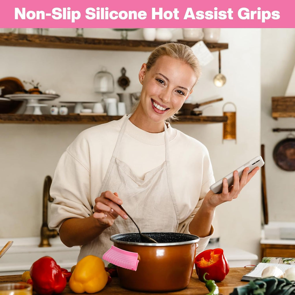 Patelai 4 Pcs Silicone Assist Hot Pan Handle Holder Pot Handle Covers for Cast Iron Skillets Holder Sleeve Nonslip Heat Resistant Pan Cover for Enameled Griddles Casserole Frying Cookware(Pink)