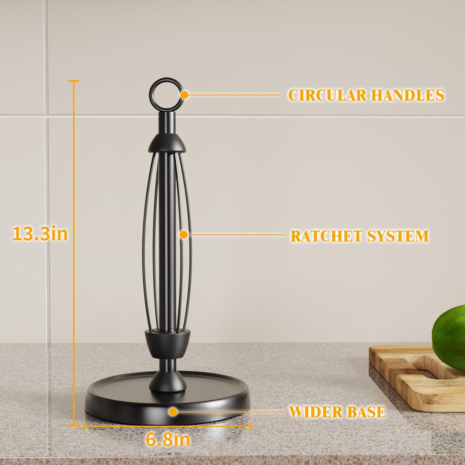 HZE Paper Towel Holder Countertop, One-Handed Tear, Stainless Steel, Weighted Base, Ring Paper Towel Holder Stand with Ratchet System for Kitchen Farmhouse Essentials Decor Accessories (Matte Black)