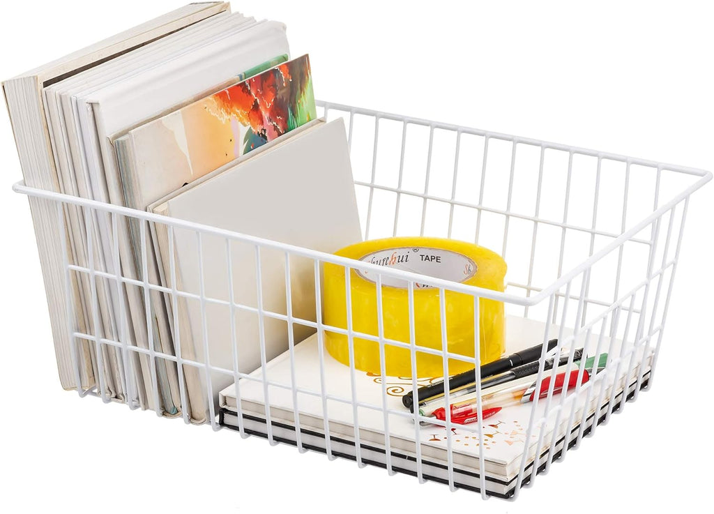 Redrubbit Wire Storage Baskets, Large Farmhouse Metal Freezer Basket Storage Organizer Bins with Handles for Kitchen Cabinets, Pantry, Closets, Bedrooms, Bathrooms, Set of 2, White