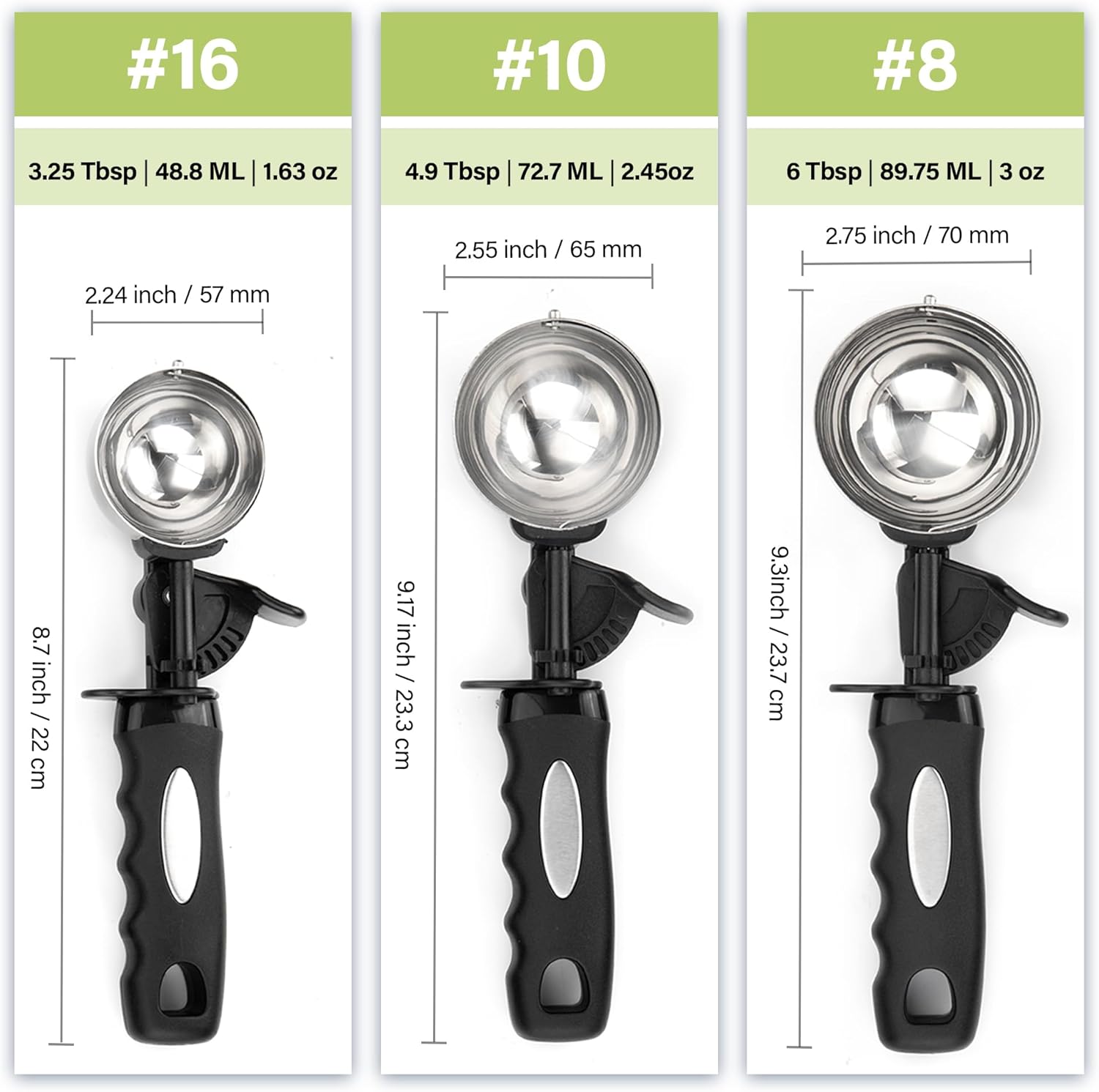 Ice Cream Scoop Set, Cookie Scoop set of 3, 3.25 Tbsp/ 4.9 Tbsp / 6 Tbsp Ice Cream Spoon with Trigger, Cookie Dough Scoop, Portion Scoop 1.63 oz, 2.45 oz, 3oz