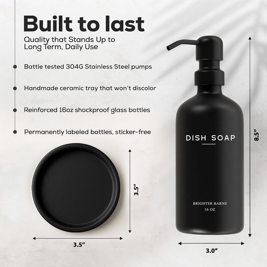 Black Glass Dish Soap Dispenser for Kitchen Sink by Brighter Barns - Modern Kitchen Soap Dispenser Set with Tray and Stainless Steel Pump - Modern Decor for Vacation Rental, Restaurants, Gifts (Black)