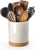 Nucookery 360°Rotating Utensil Holder, 7.2" Large Utensil Crock, Ceramic Cooking Utensil Organizer with Countertop-Protection Cork Bottom for Farmhouse Kitchen Decor Christmas Thanksgiving Gift (Sand)