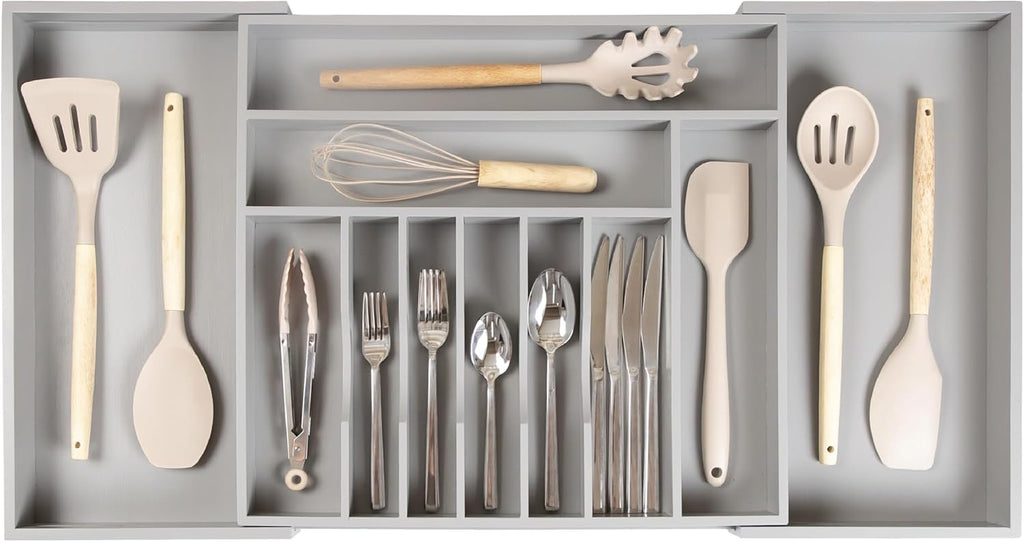 KitchenEdge Premium Silverware, Flatware and Utensil Organizer for Kitchen Drawers, Food-Safe Contract Grade, Expandable from 18 to 33 In, Gray Bamboo