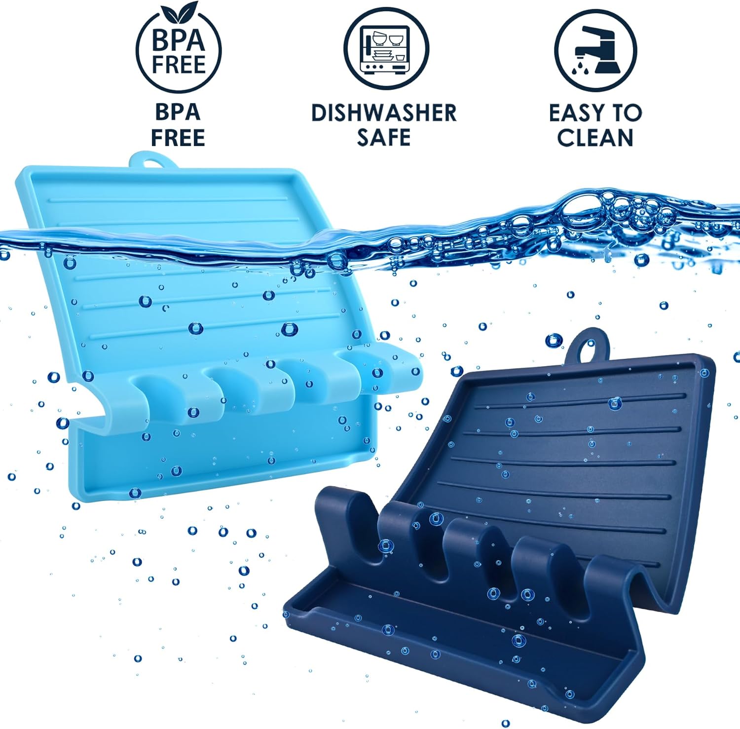 2-PACK 600°F Heat Resistant Silicone Spoon Rest, Multiple Utensil Rest, BPA Free Easy to Clean Dishwasher Safe, Blue (Deep+Light)