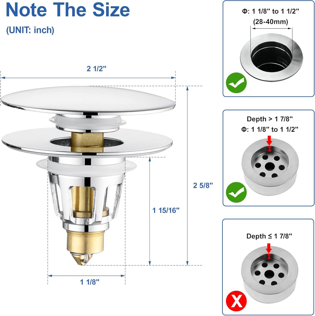 Universal 3-in-1 Bathroom Sink Stopper - Chrome Pop Up Sink Drain Stopper, Push Button Sink Drain Stopper Replacement, Wash Basin Drain Filter Plug with Anti-Clogging Strainer, (Large Cover)