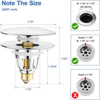 Universal 3-in-1 Bathroom Sink Stopper - Chrome Pop Up Sink Drain Stopper, Push Button Sink Drain Stopper Replacement, Wash Basin Drain Filter Plug with Anti-Clogging Strainer, (Large Cover)