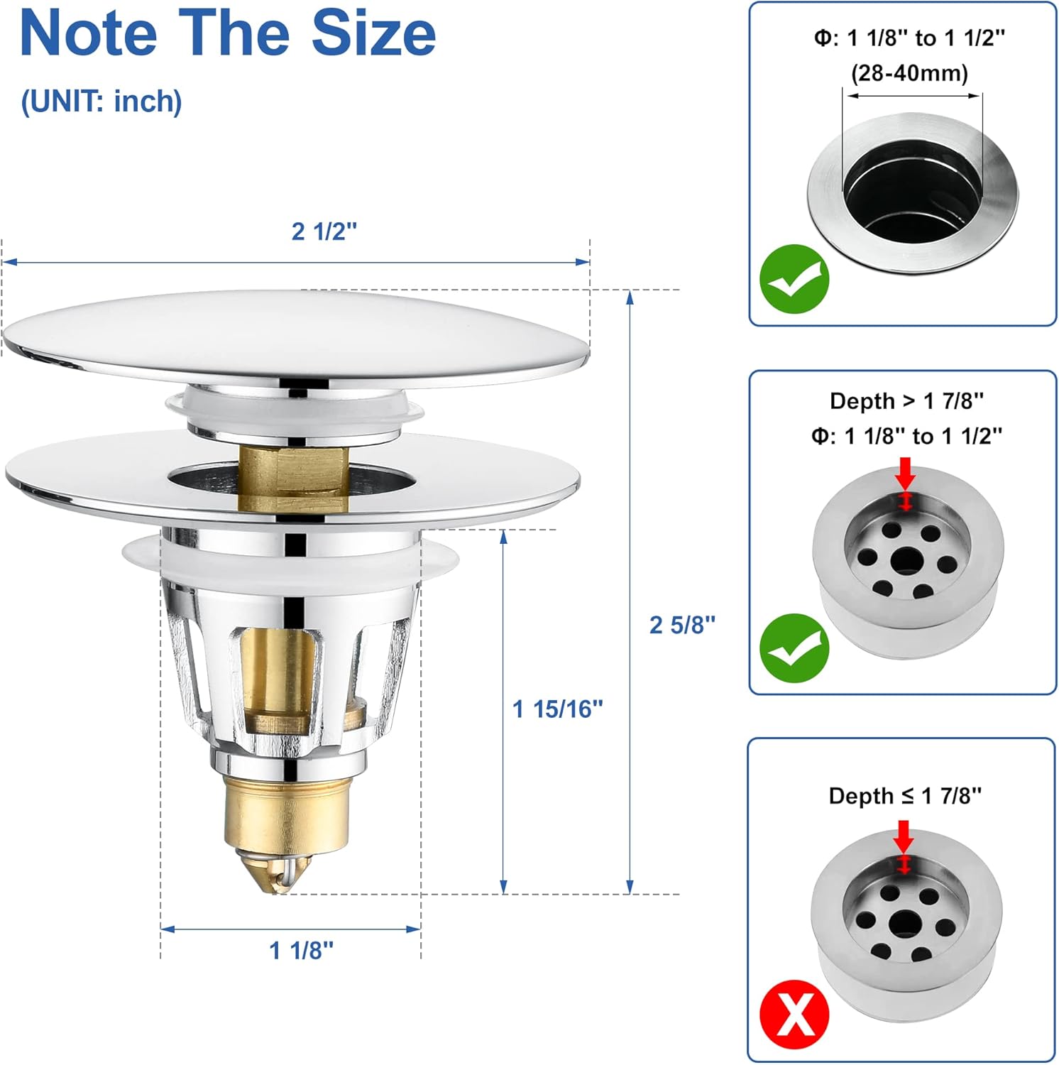 Universal 3-in-1 Bathroom Sink Stopper - Chrome Pop Up Sink Drain Stopper, Push Button Sink Drain Stopper Replacement, Wash Basin Drain Filter Plug with Anti-Clogging Strainer, (Large Cover)