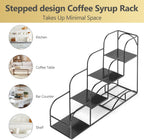Syrup Rack for Coffee Bar Accessories, Iron 4 Compartment Bottle Organizer, Countertop Display Storage Shelf Bottle Stand, Metal Coffee Bar Organizer for Wine, Kitchen, Holds 4 Bottles