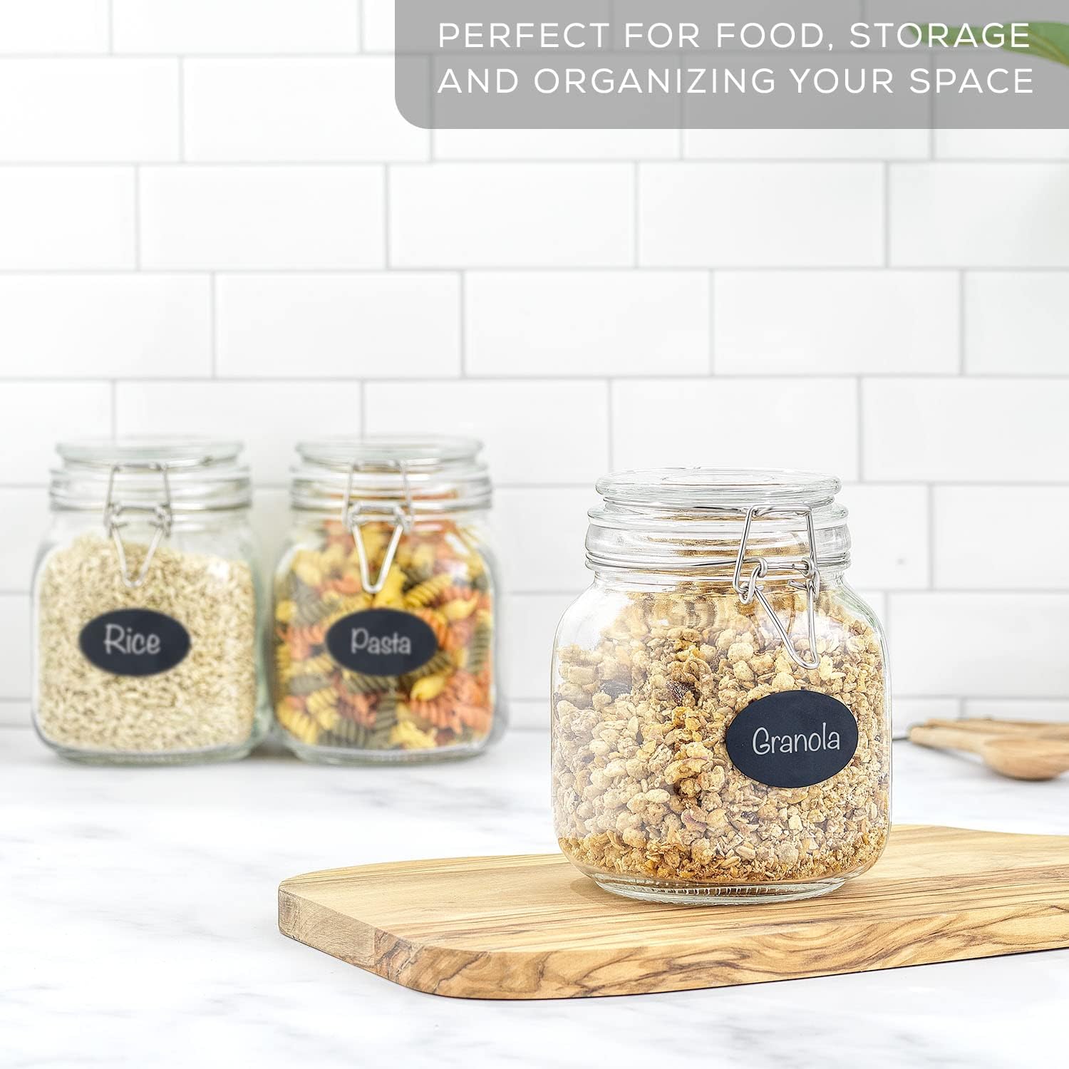JoyJolt Airtight Glass Jars with Lids Set of 3. 32oz Glass Jar with Lid and 6 Silicone Seals! Med Glass Food Storage Containers. Square Mason Jar, Candy Jar, Sugar Jar, Pasta Containers for Pantry