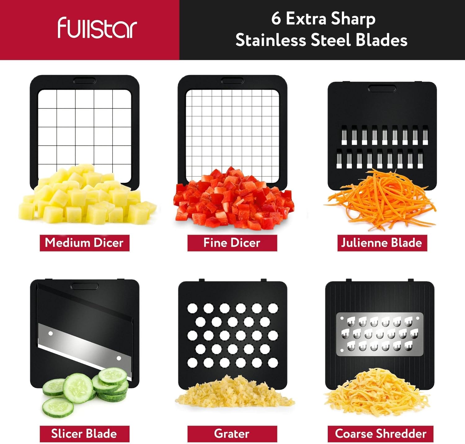 Fullstar Mandoline Slicer for Kitchen - Vegetable Chopper, Onion Potato Food Veggie Fruit Slicer and Cutter with Container, Kitchen Gadgets & Accessories, Home Essentials (6-in-1, White/Black)