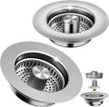 3-in-1 Kitchen Sink Drain Strainer & Sink Stopper 2 Pack - 304 Stainless Steel Sink Drain Strainer, Pop-Up Anti-Clog Design, Fits Standard 3-1/2'' Sink Drains