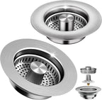 3-in-1 Kitchen Sink Drain Strainer & Sink Stopper 2 Pack - 304 Stainless Steel Sink Drain Strainer, Pop-Up Anti-Clog Design, Fits Standard 3-1/2'' Sink Drains
