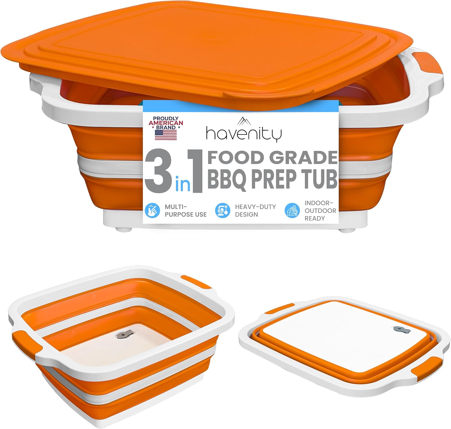 BBQ Prep Tub, 16L Multifunctional Camping Cutting Board with lid, Meat Prep Tub for Meal Prep Marinating Food, Marinating Container with Lid, Collapsible Food Storage Containers