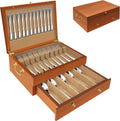 Silverware Storage Box Solid Wood with Lid, 2 Layer Silverware Storage Chest, 15.5'' ×11.5'' Silverware Organizer with Handle and Felt Lined, Chest for Flatware Setting Up 30