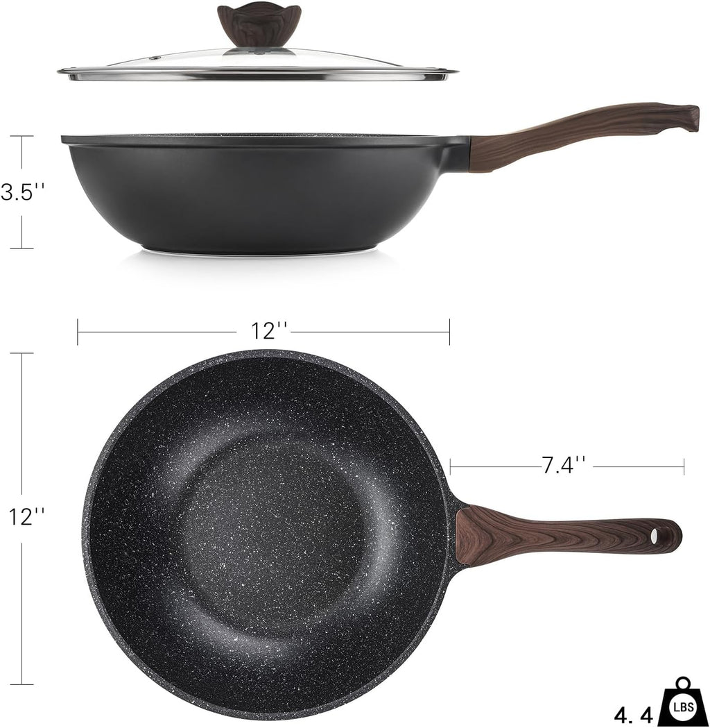 Nonstick Wok with Lid, 12 Inch Woks & Stir-fry Pans, Granite Stone Coating for Cooking, Induction Cookware, Compatible with All Stovetops, PFOA Free