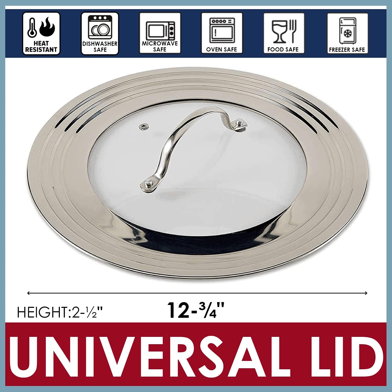 Stainless Steel Universal Lid for Pots, Pans and Skillets - Fits 7" to 12" Pot and Pans - Tempered Glass with Stainless Steel Rim Replacement Frying Pan Cover and Cast Iron Skillet Lid