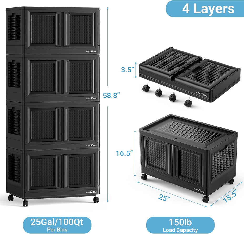 400Qt Stackable Storage Bins with Lids, 100Gal Closet Organizers and Storage Drawer, Plastic Collapsible Storage Bins with Doors, Heavy Duty Store Box Cabinet for Home Office, 4Pack Black