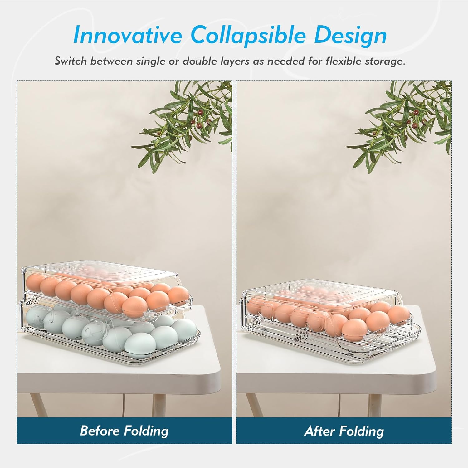 Egg Holder for Fridge, Automatic Steady Rolling Egg Dispenser with Silicone Bumpers, Egg Container With Lid, Large Capacity Clear Egg Holder for Kitchen or Pantry Organizers&Storage